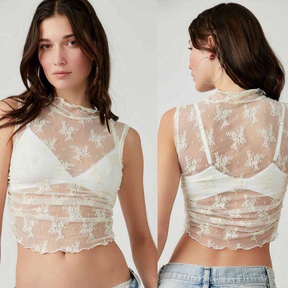 Free People Intimately Sheer Lace Mesh Mock Neck Tank Size M - Picture 2 of 11